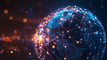 Globe with interconnected network lines and glowing nodes, symbolizing global connectivity.