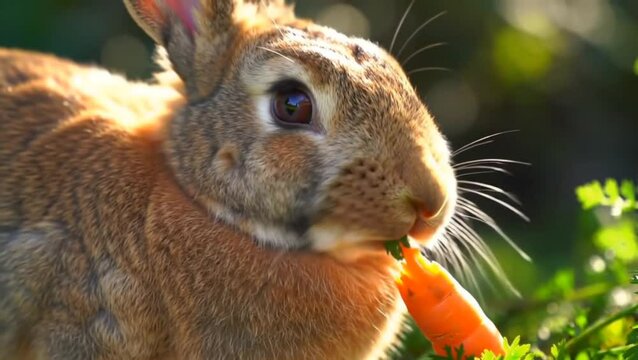 Brown rabbit munching fresh carrot in green garden under soft sunlight. Animal concept
