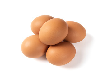 brown raw chicken eggs isolated on white background