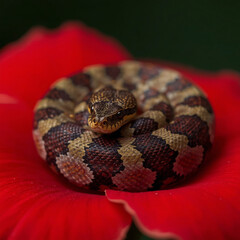 Fototapeta premium closeup of a colorful snake coiled on a red flower, detailed, high definition, macro photography, natural lighting, cinematic, captivating, striking, mesmerizing, vibrant colors, sharp focus, depth of