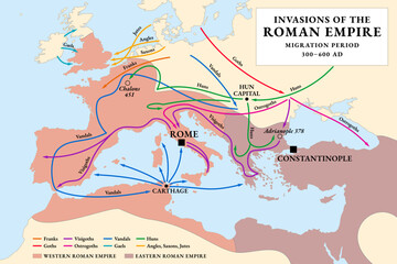 Invasions of the Roman Empire, historical map. Migration Period, or also the Barbarian Invasions, from 300 to 600 AD. A period in European history marked by large-scale migrations by various tribes.