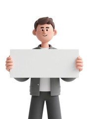 3D cartoon man holding blank horizontal board for text or ad, isolated on white background, perfect for marketing and messages