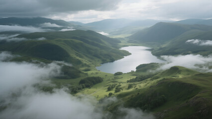 Aerial view of highlands, green hills, misty lakes, dramatic cloud light, ultra realistic CG landscape, moody atmosphere, cinematic, no people, no text