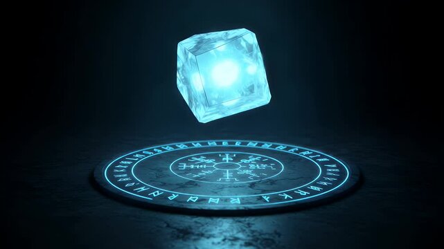 Glowing ice cube levitating over mystical rune circle