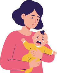 Mother holding crying baby in yellow pajamas with worried expression and dark hair vector illustration 