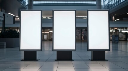 Three blank, illuminated, vertical billboards in a modern shopping mall interior.