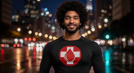 Man in a black shirt with a red blood donation symbol stands at night in a city