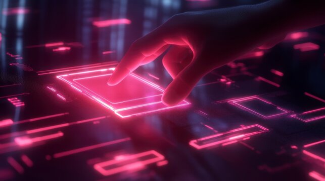 Hand interacts with glowing digital interface, futuristic technology concept.
