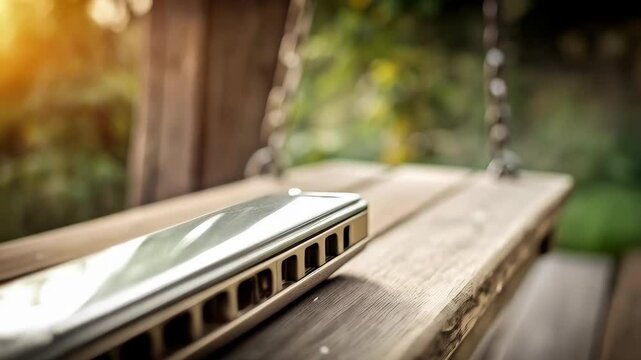 Harmonica resting peacefully on an old wooden swing, nature background in soft focus and warm light, musical instrument concept.