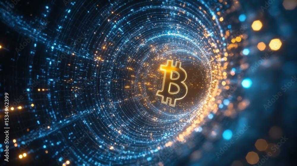 Poster glowing bitcoin symbol in abstract digital space at night