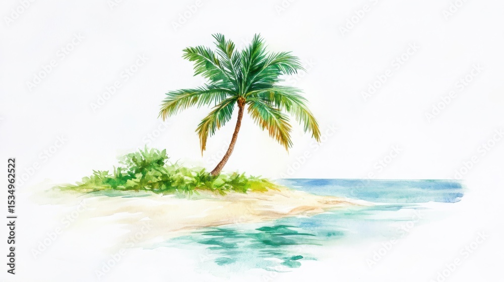 Poster serene palm tree on tropical beach with ocean view