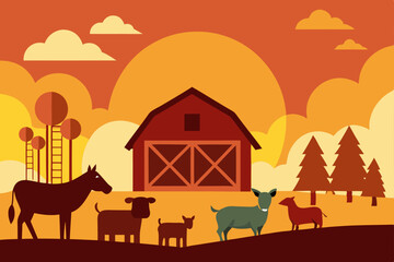 Fototapeta premium Sunset Farm Scene Rustic Barn, Animals, and Peaceful Countryside Illustration
