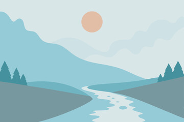 Serene Mountain River Landscape A Minimalist Illustration of Peaceful Nature