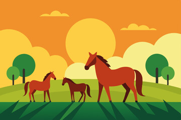 Sunset Serenity A Family of Horses in a Peaceful Meadow