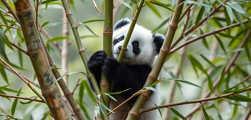 Obraz premium A tiny panda cub playfully clutches bamboo stalks high in a leafy tree, bamboo, white