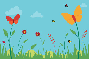 Vibrant Spring Meadow Butterflies and Flowers Illustration