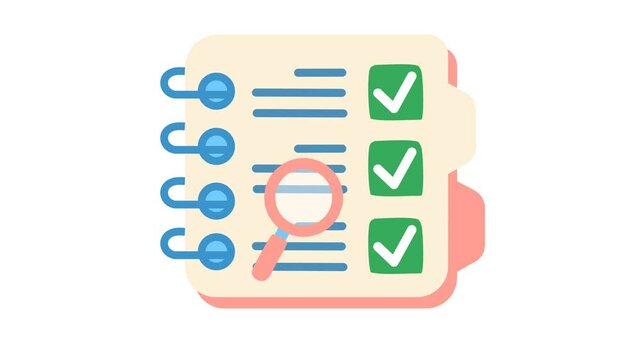 Approved checkmark on completed task planner review icon in cartoon animation. Correct checklist with a magnifying glass. Project planning and analysis. To-do list verification sign. Alpha channel.