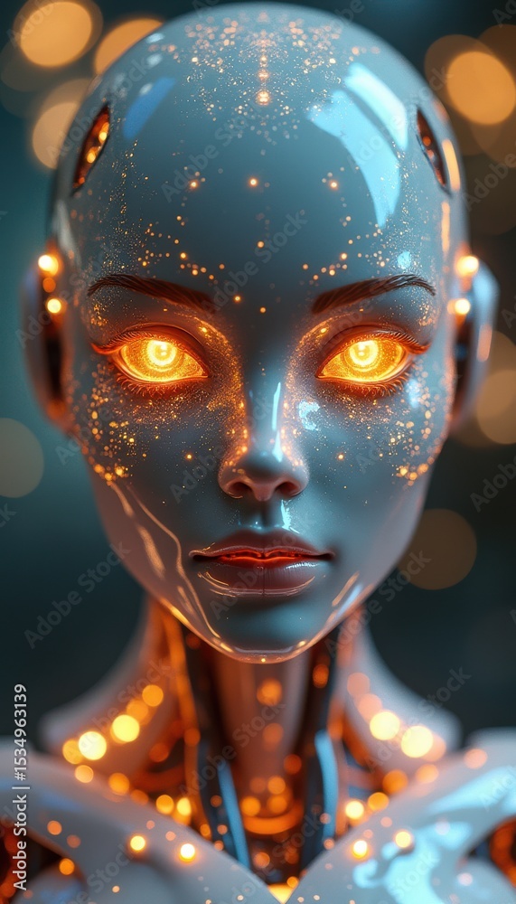 Poster female robot with glowing lights in dark studio setting
