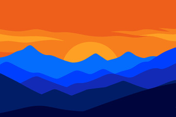 Vibrant Sunset over Blue Mountains A Minimalist Landscape Illustration