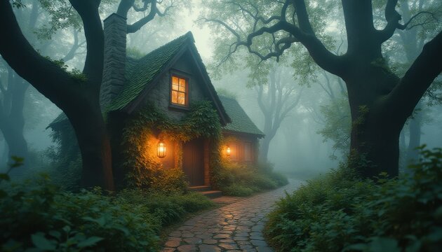 Mysterious stone house with ivy in foggy forest at night