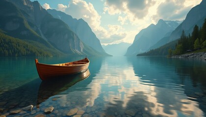 Obraz premium Boat floating on serene mountain lake surrounded by trees