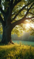 Fototapeta premium Large old tree with thick trunk in serene park at sunrise