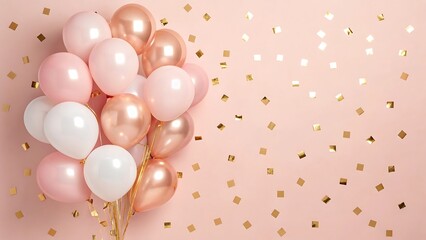 Pink and rose gold balloons with gold confetti on pink background