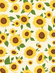 Chibi anime sunflower pattern, tiny adorable sunflowers bouncing, oversized centers, exaggerated movements, bright and cheerful.