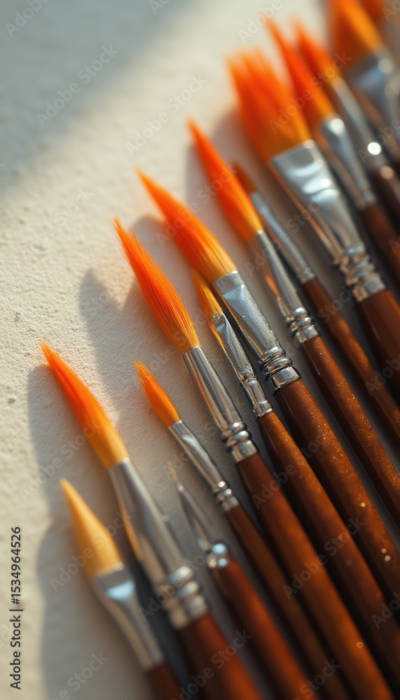 Poster Multiple paintbrushes arranged on tabletop in serene indoor setting