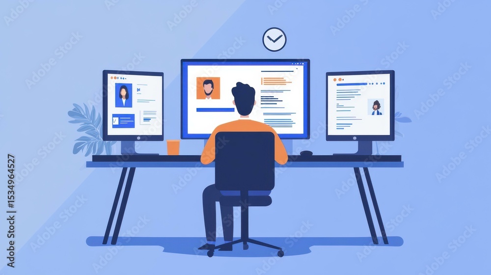 Poster young man focused on work at office with multiple computers