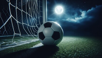 Fototapeta premium Close-up of a soccer ball near a goal under moonlight.