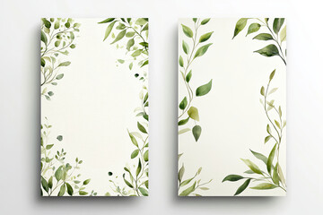 Two watercolor illustrations showcasing green leaves framing a blank canvas