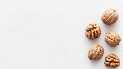 Five walnuts arranged on white surface indoors during daytime