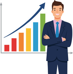 Businessman standing confidently near colorful bar chart with upward arrow showing growth and success vector illustration 