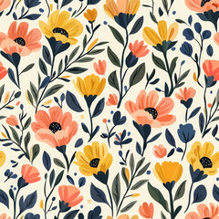 A colorful and artistic floral pattern with stylized flowers in yellow, coral, and blue on a cream background.