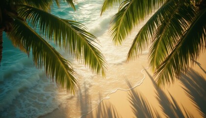 Fototapeta premium Palm tree fronds swaying over serene tropical beach with ocean waves