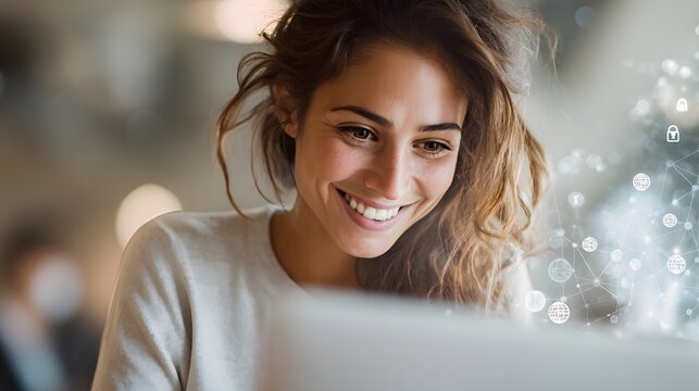 Young Woman Smiling Using Computer with Digital Network Icons in Modern Office