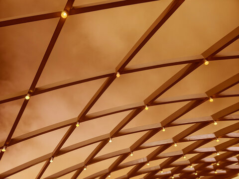 A beautifully designed ceiling with a geometric pattern and lights