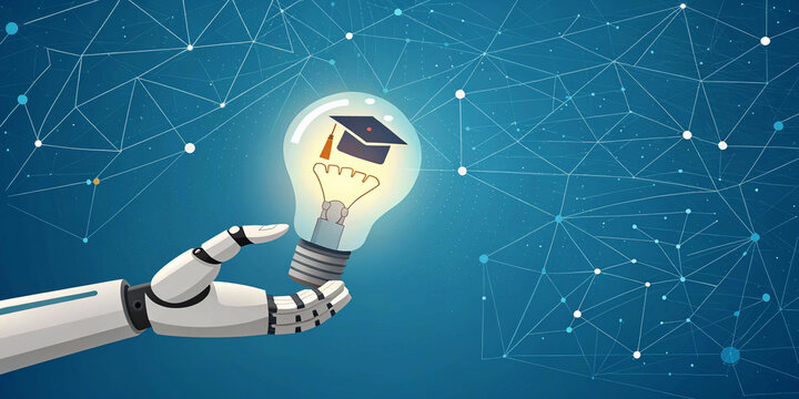 AI smart learning, artificial intelligence assistant technology concept. Chatbot icon glowing inside light bulb, wearing graduation hat, holding by robot humanoid hand on blue network  - Powered by Adobe