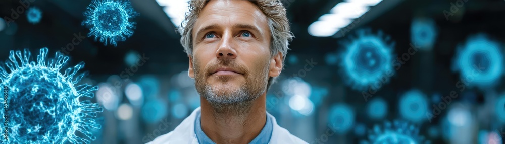 Poster immune response discovery and treatment mechanism concept. a scientist contemplates the future of vi