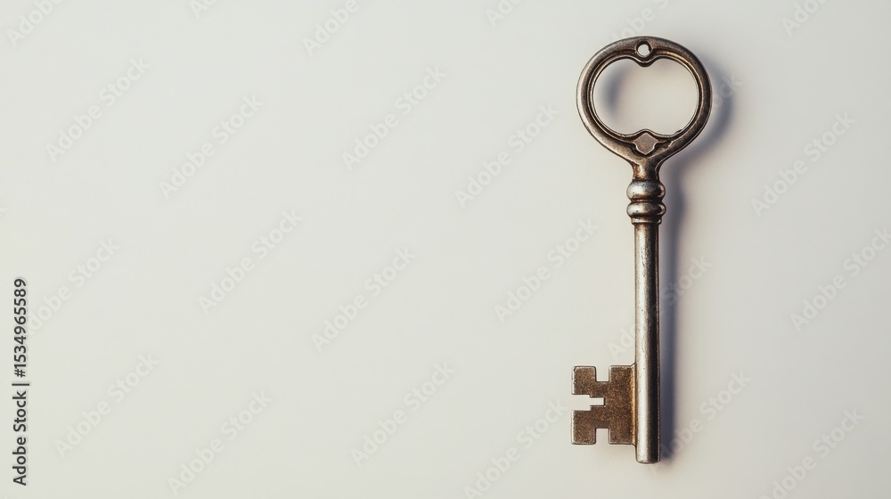 Poster classic key lying flat on plain white background in studio