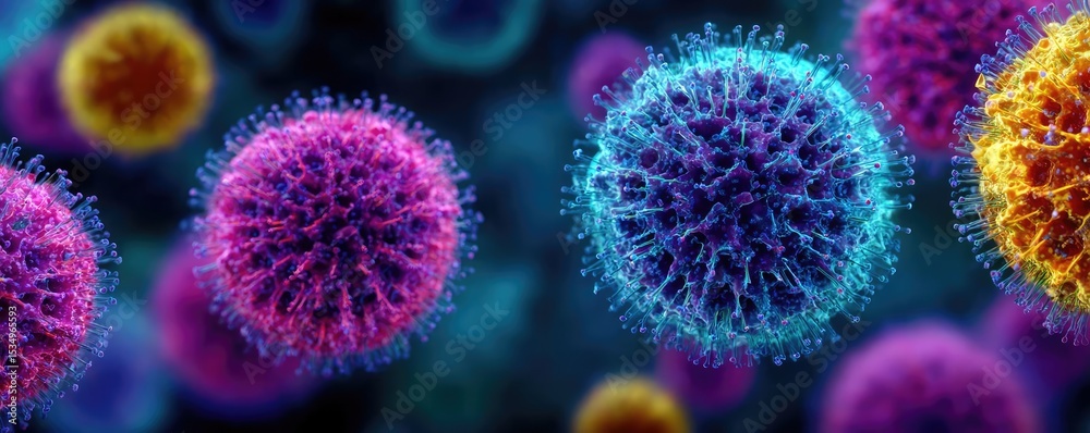 Poster immune response discovery and treatment mechanism concept. colorful microscopic view of viruses in a