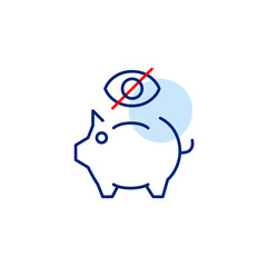 Vector icon of piggy bank with crossed-out eye, symbolizing hidden savings, private finances, or restricted access. Ideal for banking apps, budgeting tools, financial privacy settings