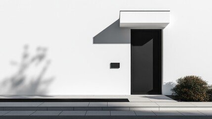 Modern minimalist door with mailbox and shrub at sunny residence