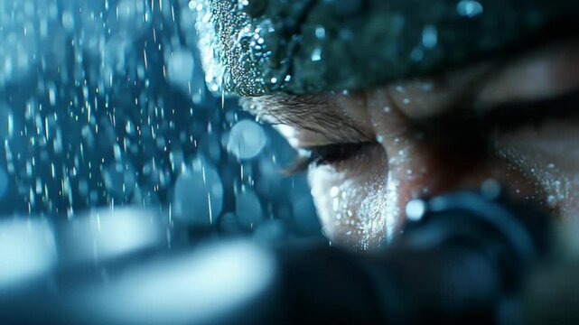 Close up of person with intense eyes looking through scope rainy environment, surrounded by water droplets face and scope, set against dark background to convey focus, determination,