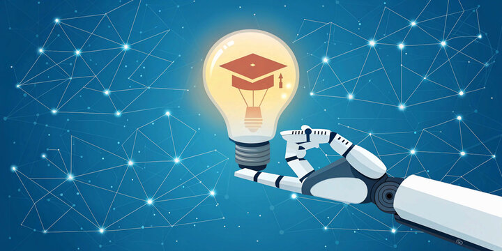 AI smart learning, artificial intelligence assistant technology concept. Chatbot icon glowing inside light bulb, wearing graduation hat, holding by robot humanoid hand on blue network 