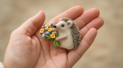 Handmade art hedgehog holding flowers cozy home craft photography natural light whimsical literary creation