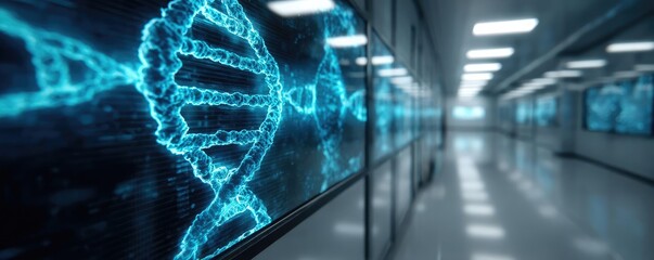 Chemotherapy effect diagnosis and discovery in oncology concept. Futuristic lab with DNA structure visualizations and illuminated corridor.
