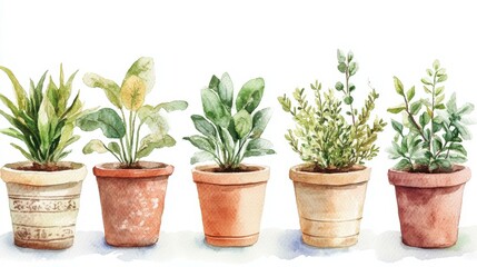 Fototapeta premium Five serene potted plants against a white backdrop indoors
