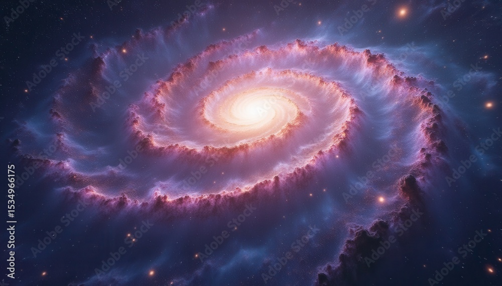 Poster spiral galaxy with glowing center in outer space
